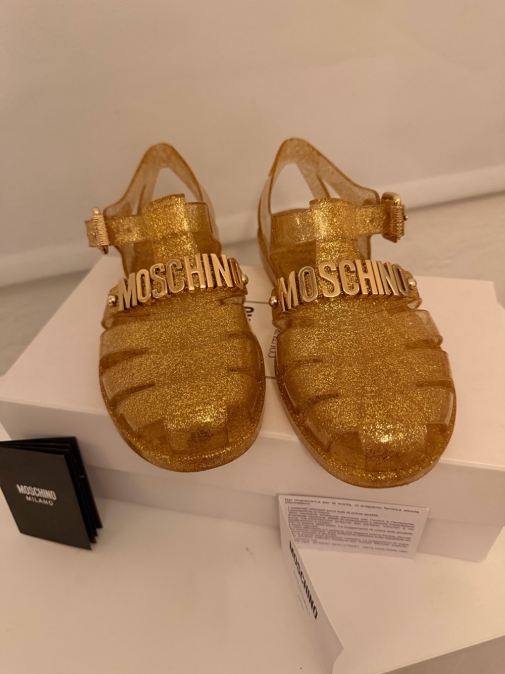 Moschino WOMEN Gold Glitter Jelly Sandals with Logo Strap - Picture 2 of 5
